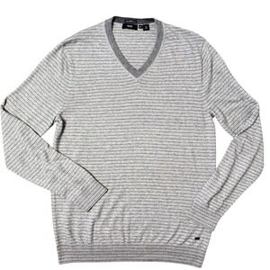 Hugo Boss Slim Fit V-Neck Sweater Gray Striped Italian Yarn Pullover Size XL